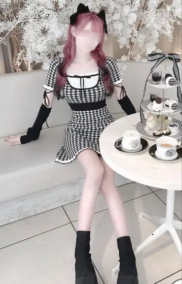 허니뮤우 암커버 포함 백리본 하운드투스 체크 원피스