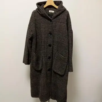 후드 부착 글렌체크 패턴 롱 코트