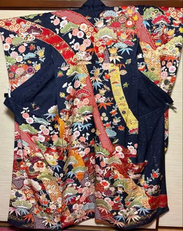 검은색 길상 고전 패턴 후리소데 기장 160