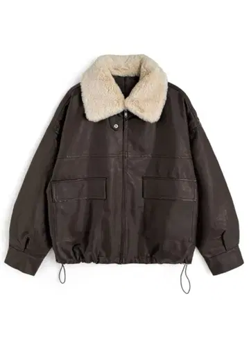 다크 브라운 인조 모피 옷깃 가죽 자켓 fo2184