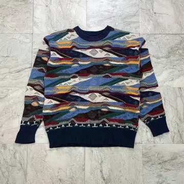 vintage 3D 니트 스웨터 멀티 컬러 긴팔 올 패턴 U넥
