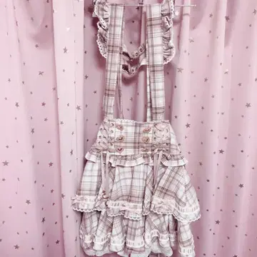 LIZLISA 리즈리사 사다리 리본 체크 티어드 치마바지 핑크