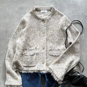 새상품급 슬로브 이에나 Mix 트위드 니트 가디건 프린지 은색 버튼