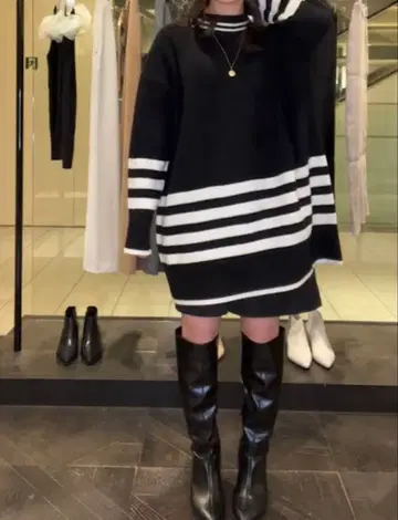 마이 스트라다 보더 니트 원피스 블랙