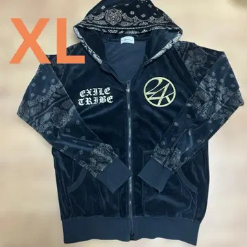 EXILE TRIBE 블랙 집업 후드티 벨로아 페이즐리 무늬