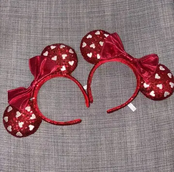 디즈니 리조트 미니 머리띠 스팽글 리본 하트 자수 빨간색