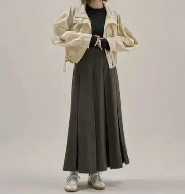 맥시 롱 브라운 체크 턱 플레어 스커트