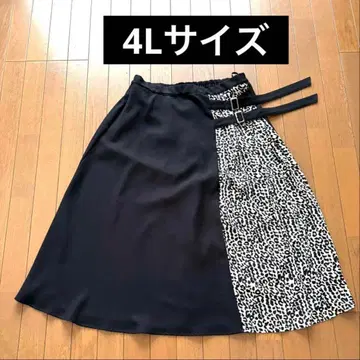 4L 레오파드 무늬 플리츠 절개 벨트 플레어 롱 스커트 블랙 빅 사이즈