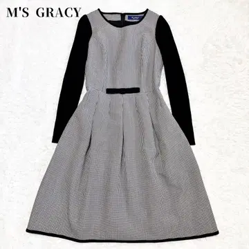 M'SGRACY 하운드투스 체크 울 니트 절개 리본 플레어 원피스