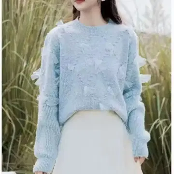 Frene 새상품 튤 리본 디자인 니트 아이스 블루 Bebeod