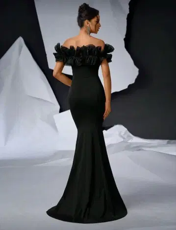 블랙 오프숄더 머메이드 드레스 결혼식 전취 2차 모임