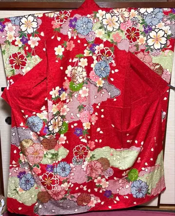 빨간색 염색 패턴 팔중벚꽃 후리소데 기장 165