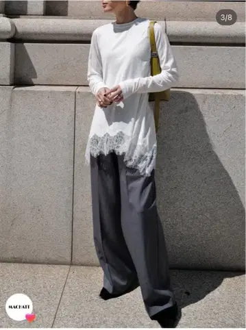 MACHATT 레이스 포함 화이트 롱 T셔츠