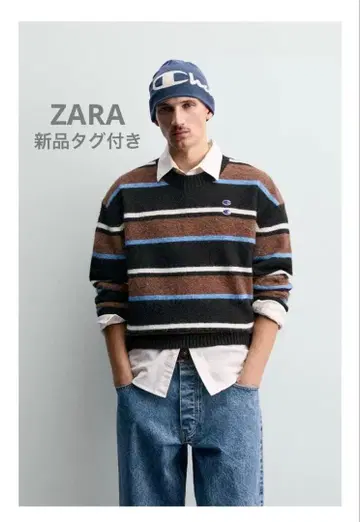 완판템 ZARA 챔피온 스트라이프 패턴 패치 스웨터 M 초콜릿