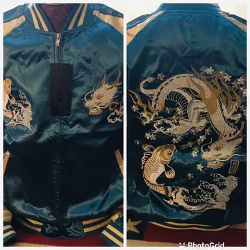 택 포함 새상품 미사용 XL 새틴 일본풍 패턴 용 비늘 파도 스카잔 블루