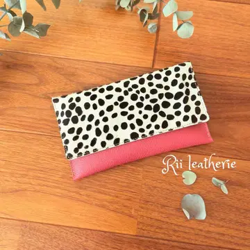일본산 엠보 핑크 가죽 x 달마시안 패턴 송치 파우치 12 x 20cm