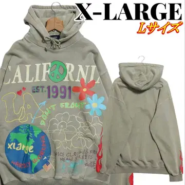 X-LARGE 빅 프린트 슬리브 파이어 풀오버 후드티 L