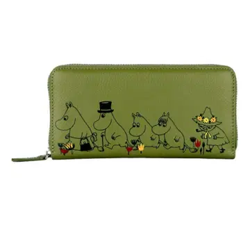 [ 컨디션 최상 ] MOOMIN 무민 천연 가죽 장지갑 라운드 지퍼 그린