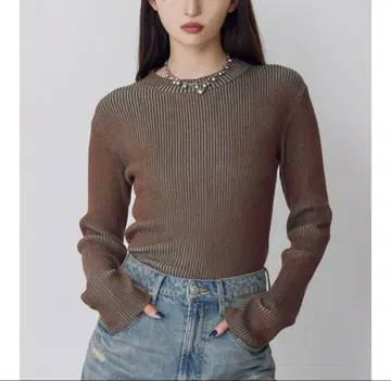 MURUA 멜란지 바이컬러 리브 니트 스트라이프 하이넥 리브