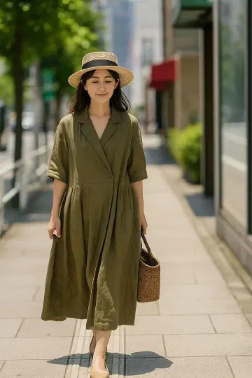 세련된! Nest Robe 린넨 올리브 그린 셔츠 원피스