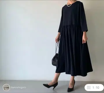 tenoshigoto 플레어 티셔츠 원피스 7부 소매 네이비 컬러