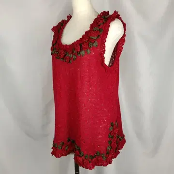 아틀리에 마리코 니트 베스트 빨간색 레드 장미 꽃 린넨 실크 B4027