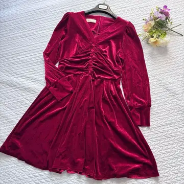 버건디 벨벳 긴팔 원피스 무릎 기장 XL