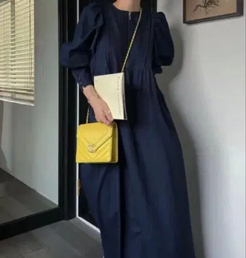 denim volume gather sleeve zip dress