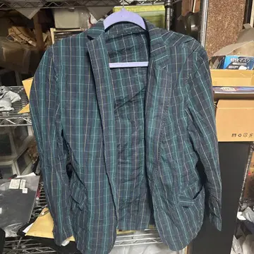 그린과 파랑 체크 무늬 캐주얼 자켓 셔츠 자켓