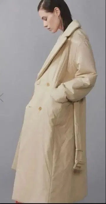 베이지 다운 롱 코트 허리 벨트 포함