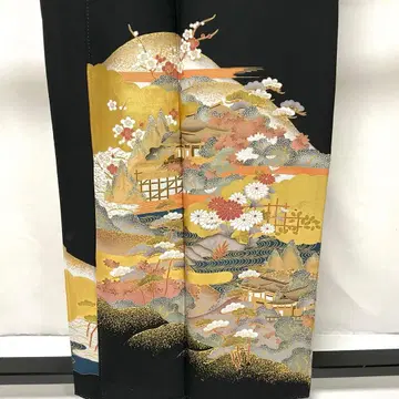 C213 순수 실크 블랙 전통 예복 기모노 비익 부착 오문 금박 기모노