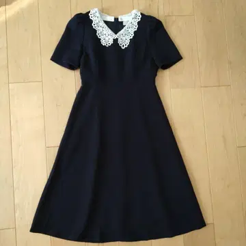 네이비 레이스 카라 부착 반팔 원피스