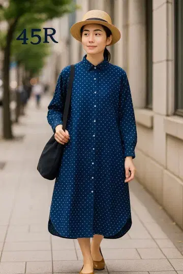 45rpm 천연 네이비 나염 도트 무늬 얇은 소재 긴팔 셔츠 원피스