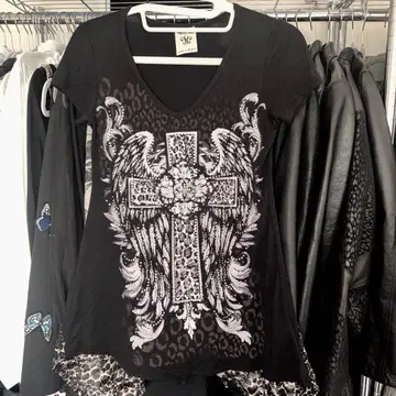 크로스 표범 무늬 라메 y2k 갸루 티셔츠