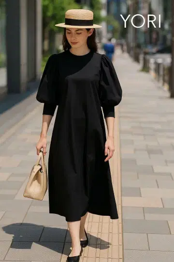 새상품급! 약 3만엔 YORI 퍼프 슬리브 블랙 코튼 원피스