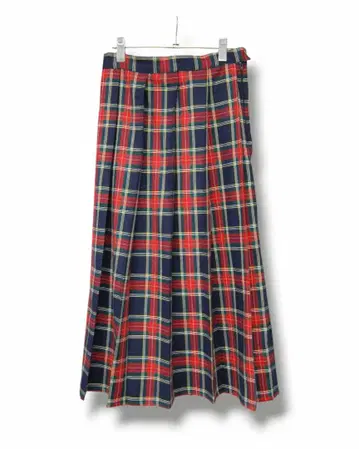 타탄 체크 코튼 플리츠 롱 스커트: 네이비