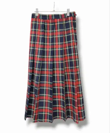 타탄 체크 코튼 플리츠 롱 스커트: 네이비