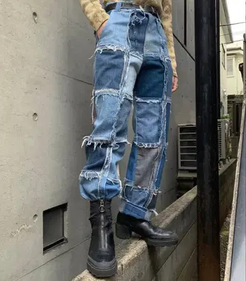 패치워크 디자인 데님 팬츠