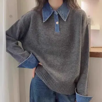 데님 옷깃 니트 스웨터 그레이 세련된 고급 한국 여성용 프리 사이즈