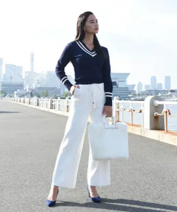 JENNE 화이트 와이드 팬츠 허리 리본 포함