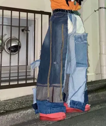 재구축 패치워크 데님 와이드 팬츠