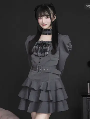 pium 초커 프릴 티어드 원피스 차콜