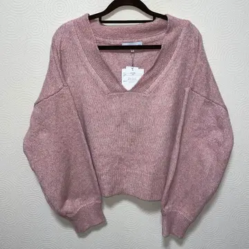 새상품 핑크 V넥 니트 벌룬 슬리브 캐주얼 심플 LL