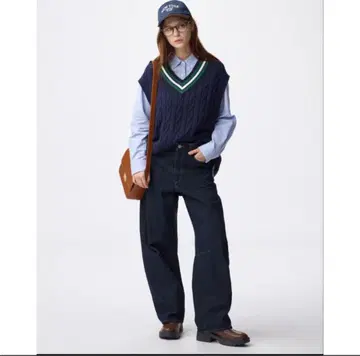 GU 지유 배럴 레그 진스 긴 길이 네이비 M 와이드 레그 팬츠