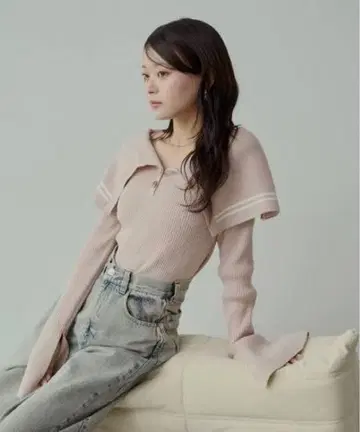 chico 빅 칼라 리브 니트 핑크