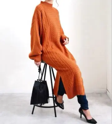 오렌지 니트 롱 원피스