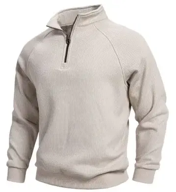 베이지 하프 지퍼 리브 스웨터