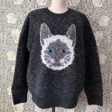 고양이 스웨터 블랙 x 네이비 혼방 L 사이즈 자수 버만 샴 고양이 니트