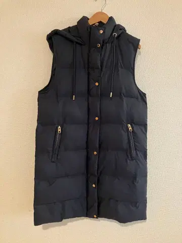 후드 부착 다운 베스트 S 네이비 골드 지퍼