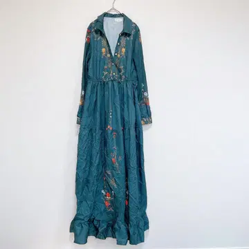 꽃무늬 자수 그린 롱 셔츠 원피스 [ L ]